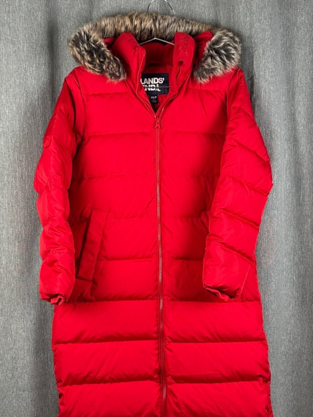 Lands End Puffer Maxi Long Down Hooded Faux Fur Winter Red Coat Jacket XS/P 2-4